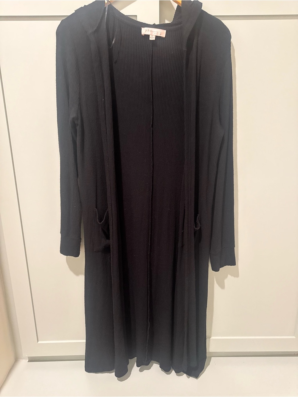 Philosophy Black Hooded Long Open Front Duster